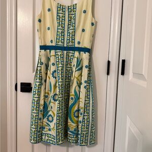 Blue and Cream Silk A-Line Midi Dress sz4